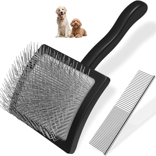 2PCS Slicker Brush for Dogs & Pet Comb,Professional Dog Grooming Brush (Goldendoodles,Poodles,Labradoodles) with Extra Long Pins to Effectively Remove Tangles, Knots and Mats (Black, Large)