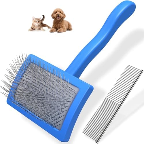2PCS Slicker Brush for Dogs & Pet Comb,Professional Dog Grooming Brush (Goldendoodles,Poodles,Labradoodles) with Extra Long Pins to Effectively Remove Tangles, Knots and Mats (Blue, Medium)
