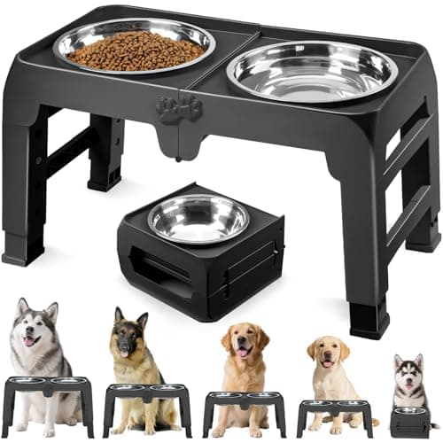 Elevated Dog Bowls for Large Dogs 5 Adjustable Heights 7.5"-15.4", 2 X-Large 10” Stainless Steel Bowls, Heavy Duty Raised Dog Bowl Stand Foldable Pet Feeder for Dogs Shoulder Height Over 15”, Black