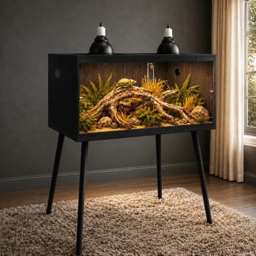 PROLEE 120 Gallon Bearded Dragon Tank with Leg Stand,4x2x2 Reptile Enclosure with Wood Side Panels, Tempered Glass Front Sliding Doors and Ventilated Mesh Roof, Large Lizard Habitat, Black