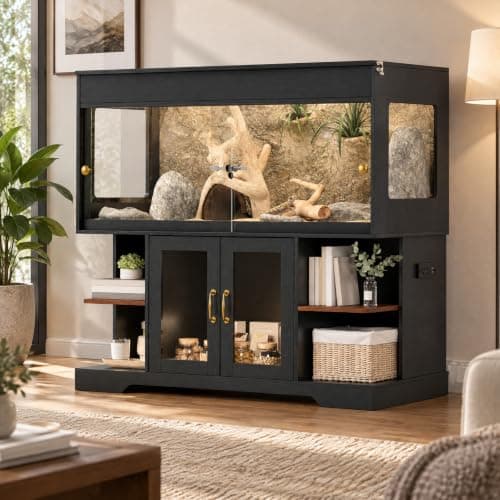 120 Gallon Reptile Terrarium Cabinet Tank with Stand, Black & Walnut | Sliding acrylic doors, locking mesh top, power strip with USB, open shelves, enclosed storage, raised front edge, DIY trim