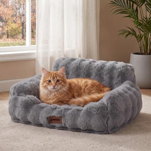 ZOMISIA Orthopedic Cat Couch Bed for Indoor Cats, Removable Washable Cover | 24x18'' Cute Cat Sofa Bed, Neck-Friendly Bolster, Pet Couch Bed with Supportive Egg Foam for Small Dogs Puppy Kitten, Grey