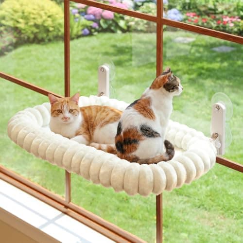 Zakkart SnugCloud Foldable Cat Window Perch - Cordless, Ultra Soft Machine Washable Bed with 4-Sided Bolster, Metal Frame - Window Hammock for Large Cats and Kittens (Cream White, Large)