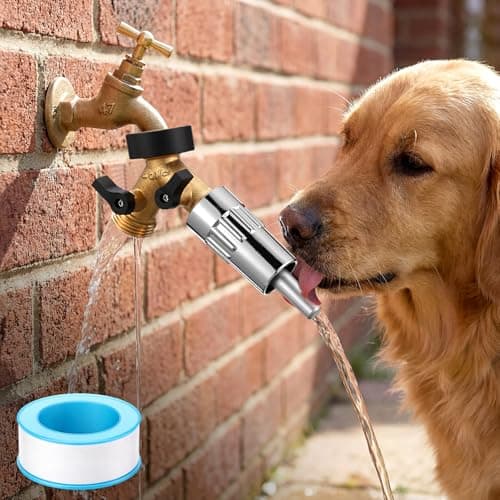 Realspring 3/4" Automatic Dog Water Dispenser with 2 Way Hose Splitter, Outdoor Dog Water Fountain Hose Spigot Attachment, Fits Garden Faucet for Large Dogs & Livestock, Anti-Leak Tape Included
