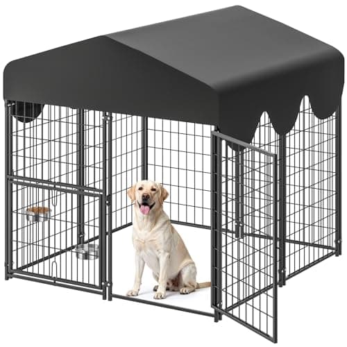 4x4x4.5ft Outdoor Dog Kennel, Metal Heavy Duty Dog Run with Rotating Door & 2 Adjustable Bowls, Dog Kennel Outside with Waterproof Cover, Pet Enclosure Indoor for Small/Medium/Large Dogs