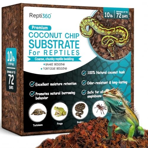 Repti360 Premium Coconut Chip Substrate for Reptiles – 10 LB Block in Carton Box, Expands to 72 Quarts – Natural & Dust-Free Coco Husk Bedding for Ball Python, Bearded Dragon, Tortoise & Gecko