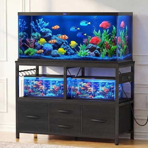 Heybly 40-50 Gal Fish Tank Stand with Drawer, Power Outlet, Black HAS004BK