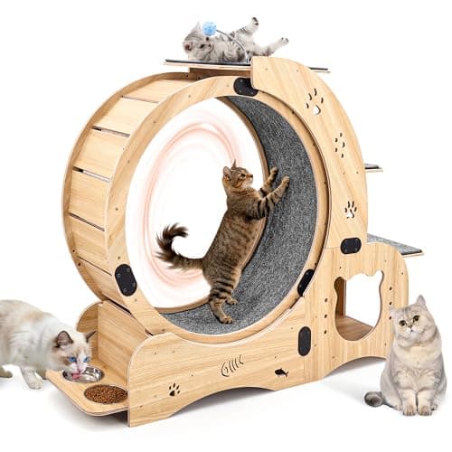 Cat Wheels for Indoor Cats, 6-in-1 Cat Exercise Running Wheel with Silent Cat Treadmill, Multi-Level Cat Tree, Hideaway Cave, Scratching Pad, Two Stainless Steel Bowls, Indoor Cat Toys for Active Play