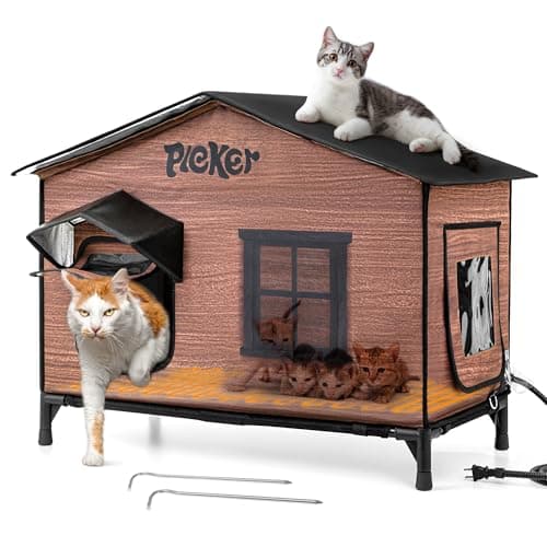 Heated Cat House for Outside: 31.5" XXL 100% Waterproof & Insulated Outdoor Cat House for Winter, Weatherproof Elevated Feral Cat Shelter with Heating Pad, 3 in 1 Warm Houses for Outdoor Cats Stray