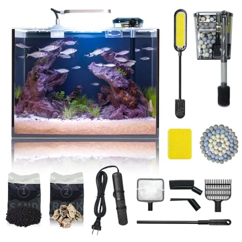 Wonderfactory 5 Gallon Small Aquarium Set Glass Fish Tank 6 Gallon, Starter Kit with Heater Water Pump Cleaning System Filter Bright Light Rocks Gravel Cleaning Tool, Clear Rimless Betta Plants
