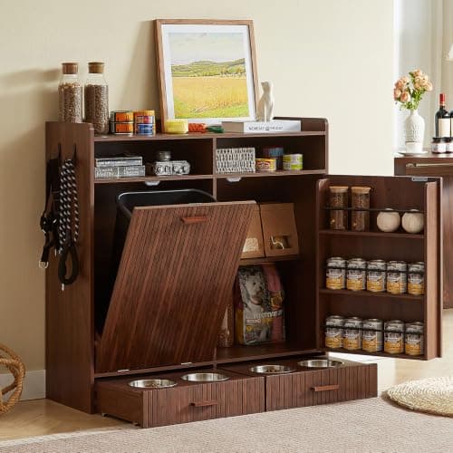 ONBRILL Large Dog Food Storage Cabinet & Dog Feeding Station, Dark Walnut