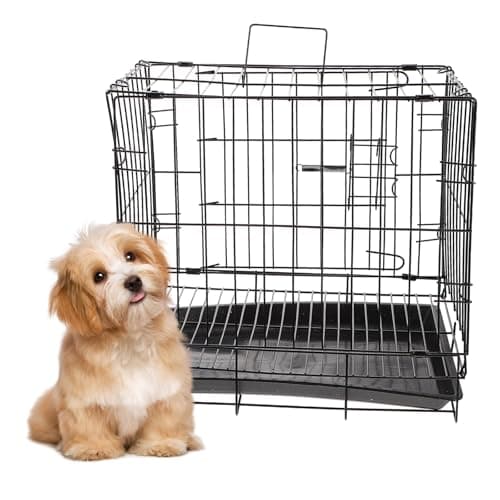 Collapsible PET Crate with Handle, Iron Wire Folding Cage for Dogs | Indoor Housebreaking Use Black, Removable Tray and Door Latch, for Puppies and New Owners