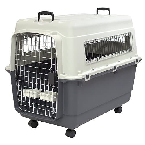 SportPet Airline Compliant X-LARGE 32.25" Travel Dog Kennel-Durable Plastic Airline Pet Carrier w/Removable Wheels & Food Bowls, Collapsible Indoor/Outdoor Dog Kennel, Dog up to 32"L & 23"H-Cream/Gray
