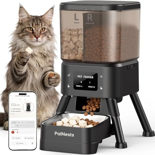 PalNests Dual Chamber Automatic Cat Feeder 4L, Dry/Treat Portion | Pet Food Dispenser with 2.4&5G WiFi App, Custom Schedule & Portion Control for Dry Food and Treats, Black