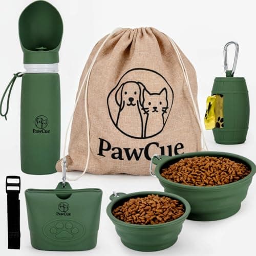 PawCue Pet Travel Essentials Bundle-Dog Travel Kit with 2 Collapsible Bowls, Silicone Treat Pouch, Collapsible Water Bottle, Mesh Carry Bag, Waste Bag Holder, Hook-and-Loop Strap