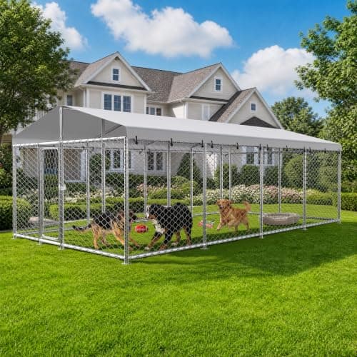 20x10 FT Large Dog Kennel Outdoor,Dog Run with Roof for Large dog | Dog Kennel Outdoor with Heavy-duty Steel Frame, Waterproof & UV-Resistant Canopy, Security Lock, Backyard Use
