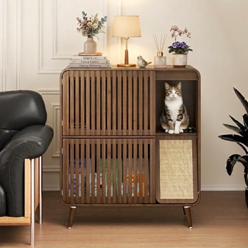 ZONVEOKE Cat Feeding Station, Pet Food Storage Cabinet Furniture, Walnut | Dog Proof, with Cat Scratching Board and 2 Steel Cat Bowls with Stand, Slatted Doors Design, 2-Tier Locker for Indoor Cat