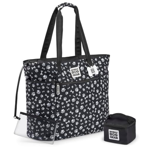 Mobile Dog Gear, Dogssentials Dog Tote Large Travel Bag, Includes Lined Food Carrier and Clear Wristlet Pouch, Meets Airline Requirements, 19 Inches x 17 Inches, Black/White Paw Bone Print