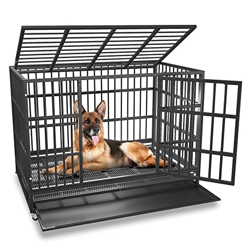 BOLDBONE 48 inch Heavy Duty Indestructible and Escape-Proof Dog Crate Cage Kennel for Large Dogs, High Anxiety Dog Crate with Removable Wire Trays and Wheels, Extra Large XL XXL, Black