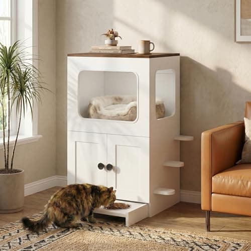 Cat Feeding Station, 2-Tier Wood Cat House with Storage, Raised Bowls for Indoor Cats, Pull-Out Feeding Station & Cat Condo, Includes 2 Stainless Bowls