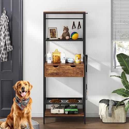 Dog Feeding Station with Adjustable Raised Bowls, Pet Feeder Rack, Storage Organizer Shelves, Drawer, Hooks, Metal Frame, Furniture Style Stand for Canines Cats, Kitchen Living Room Entryway