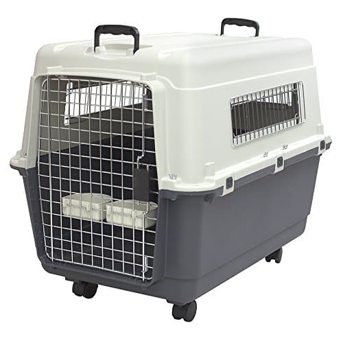 SportPet Airline Compliant LARGE 31.5" Travel Dog Kennel-Durable Plastic Airline Pet Carrier w/ Removable Wheels & Food Bowls, Collapsible Indoor/Outdoor Dog Kennel, Dogs up to 28"L & 20"H-Cream/Gray
