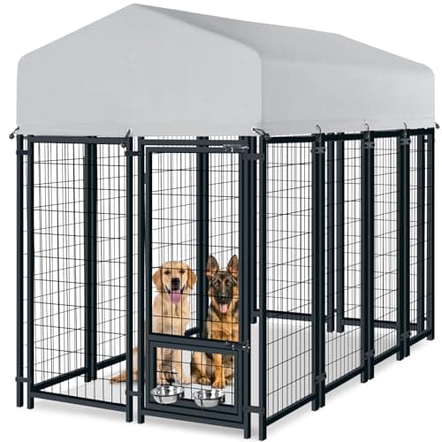 Oranland 8x4x6 FT Dog Kennel Outdoor for Large Dogs with Silver Roof | Heavy Duty Dog Kennel Outside with Escape-Proof Lock, Silver Reflective Waterproof Roof, 2 stainless steel bowls
