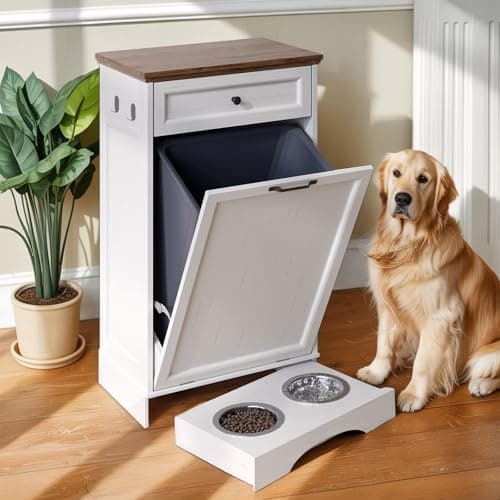 Furnivio Tilt Out Trash Can Cabinet with Dog Bowl, 10 Gallons Dog Feeding Station with Storage Cabinet, Pet Food Cabinet with Hideaway Drawer for Kitchen, Living Room
