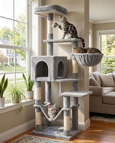 Hey-brother Cat Tree with Large Hammock, Multi-Level Cat Tower for Indoor Cats, Cat Condo with Sisal-Covered Scratching Posts and Top Perch, Light Gray MPJ050W