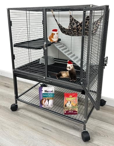 Deluxe Sturdy Wrought Iron Two Tiers Small Animal Critters Rolling Cage