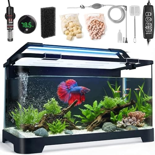 3.5 Gallon Betta Fish Tank, All in One Aquarium Starter Kits with Back Filter, Adjustable Pump, 25W Heater, LED Thermometer, LED Light with Timer & Water Changer Kit, Gifts for Mom Wife