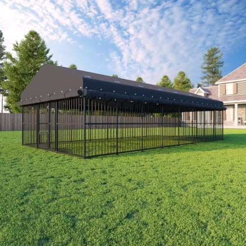 20x10 FT Outdoor Dog Kennel, Heavy Duty Large Dog Enclosure with Full Cover | Waterproof Roof Cover, Roll-Up Side Covers, Secure Lock Door, Swivel Feeding Door, Metal Bar Dog Cage for Large Dogs