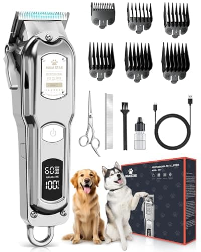 M&M STAR Dog Clippers for Grooming Thick Heavy Coats, All-Metal Body Low Noise Cordless Rechargeable Dog Hair Trimmer, Stainless Steel Blade, Professional Pet Grooming Kit for Dogs & Cats (Silver)