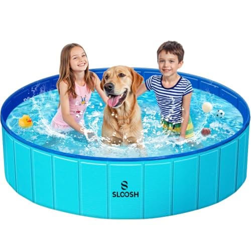 SLOOSH Foldable Dog Kiddie Pool - Portable Hard Plastic Doggie Swimming Pool, Anti-Slip Collapsible Pets Bath Tub Suitable for Kids Indoor Outdoor Backyard Use (Blue, 63" x 12")