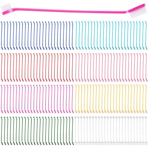 Nuogo 200 Pcs Dog Toothbrush,Dual Headed Long Handle, 8 Colors, Cats Dogs