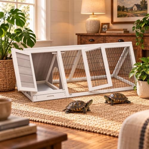 Tortoise Enclosure, Large Tortoise Habitat Indoor Outdoor Wooden A-Frame Turtle Hidden House Playpen with Ventilating Wire Fence Reptile Lounge Cage for Small Animals (White)