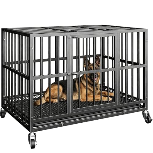 48 Inch Heavy Duty Indestructible Dog Crate for Large Dogs, Escape Proof Dog Kennel Indoor with Removable Tray and Lockable Wheels, Easy to Clean, XL Dog Cage for Large and Medium Dogs
