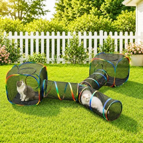 LUCKITTY Outdoor Rainbow Cat Enclosures, 3 Way with 2 Cube Tunnel | Outside House for Indoor Cats, Include Portable Tent Playground For Kitty and Small Animals